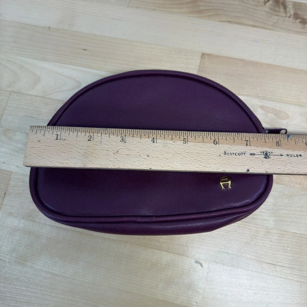 Etienne Aigner Burgundy Leather Half Moon Cosmetic Pouch Makeup Bag Gold Logo